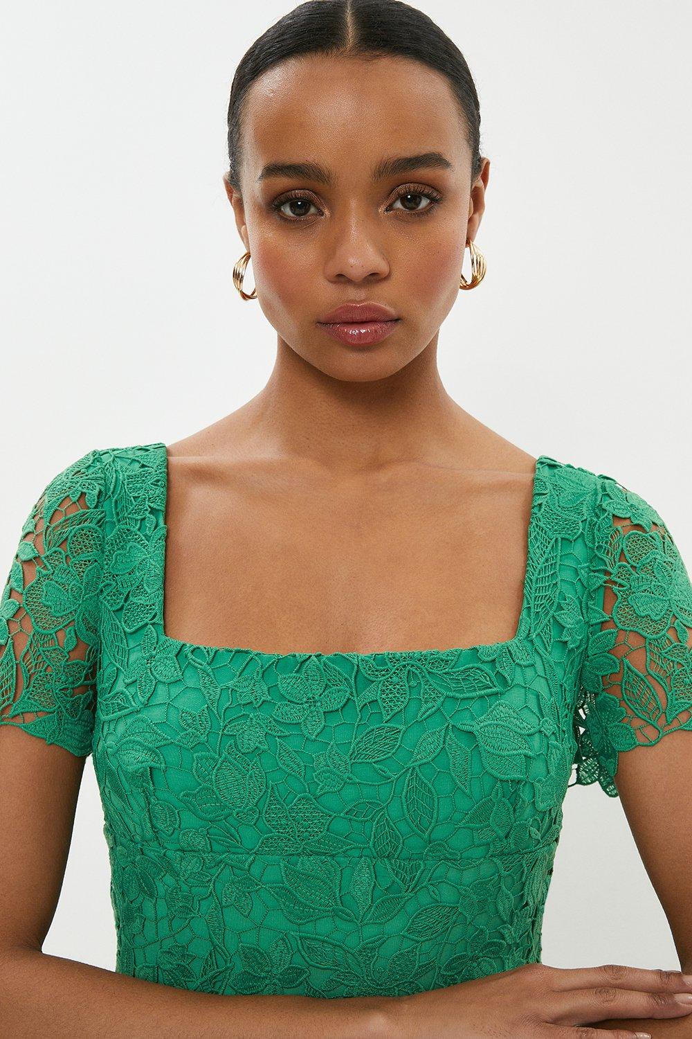 Square Neck Lace Dress - Apple Green