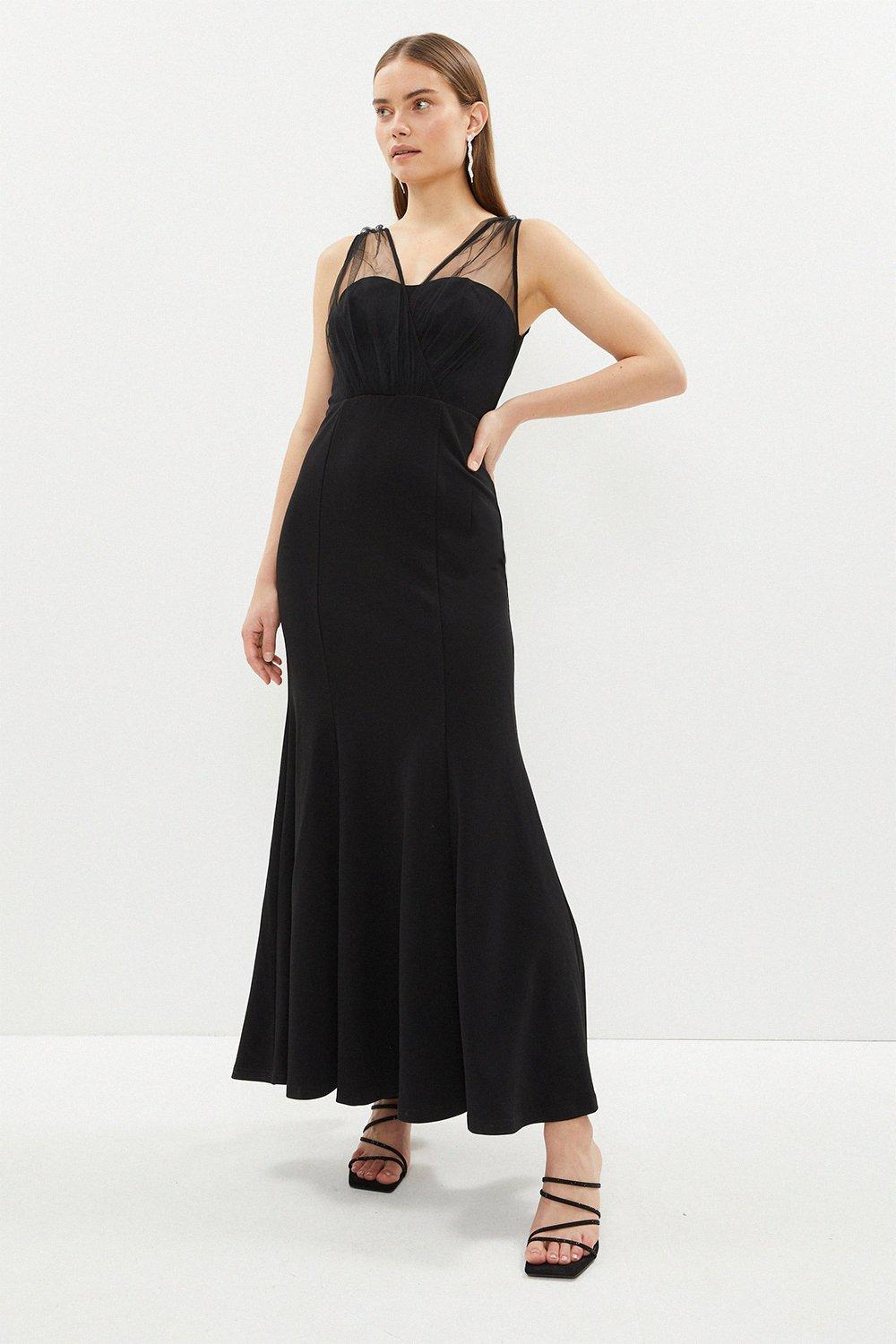 V Neck Sheer Over Layer Fishtail Maxi Dress - Black