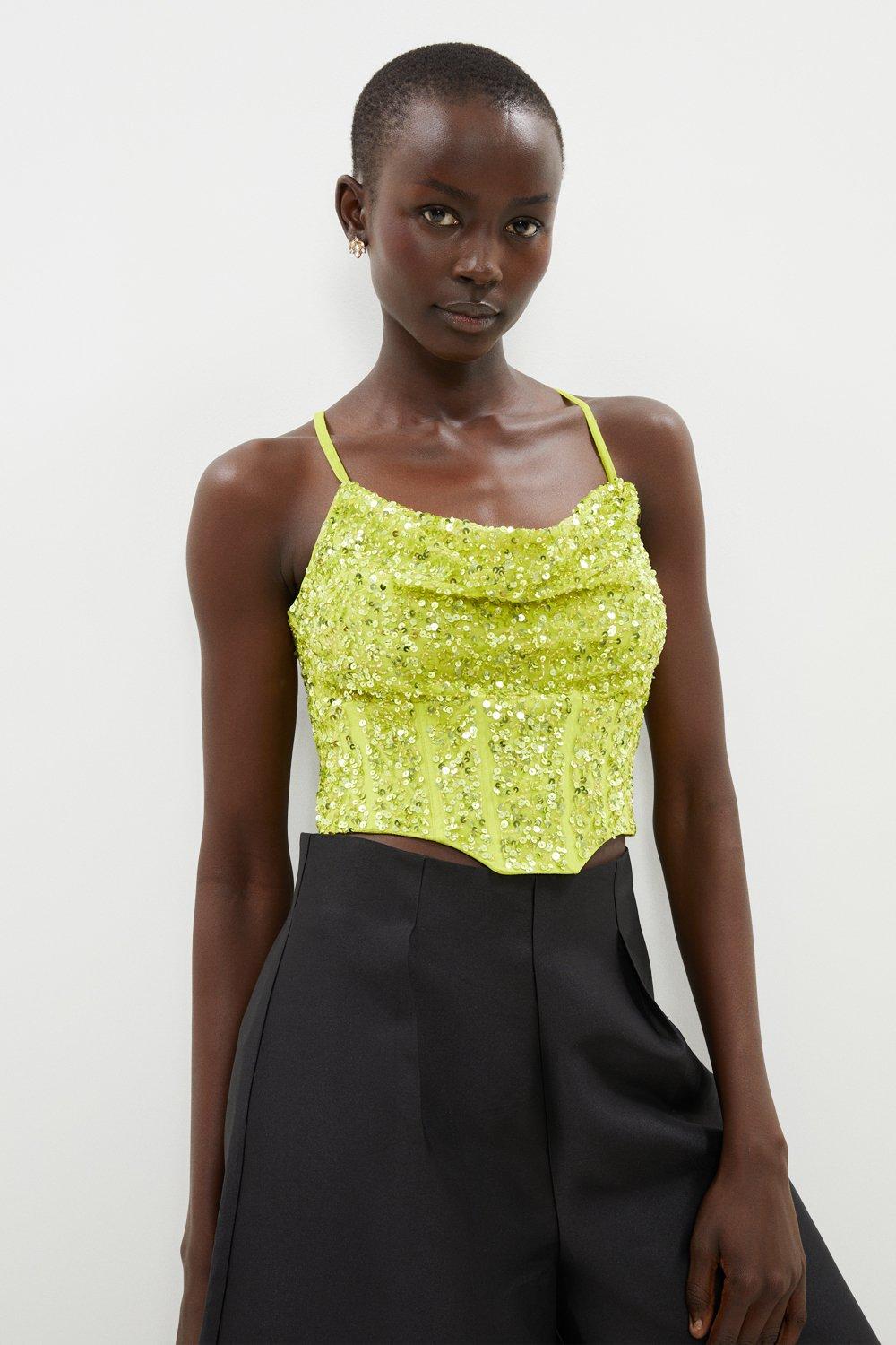 Cowl Neck Corset Bodice All Over Sequin Top - Chartreuse