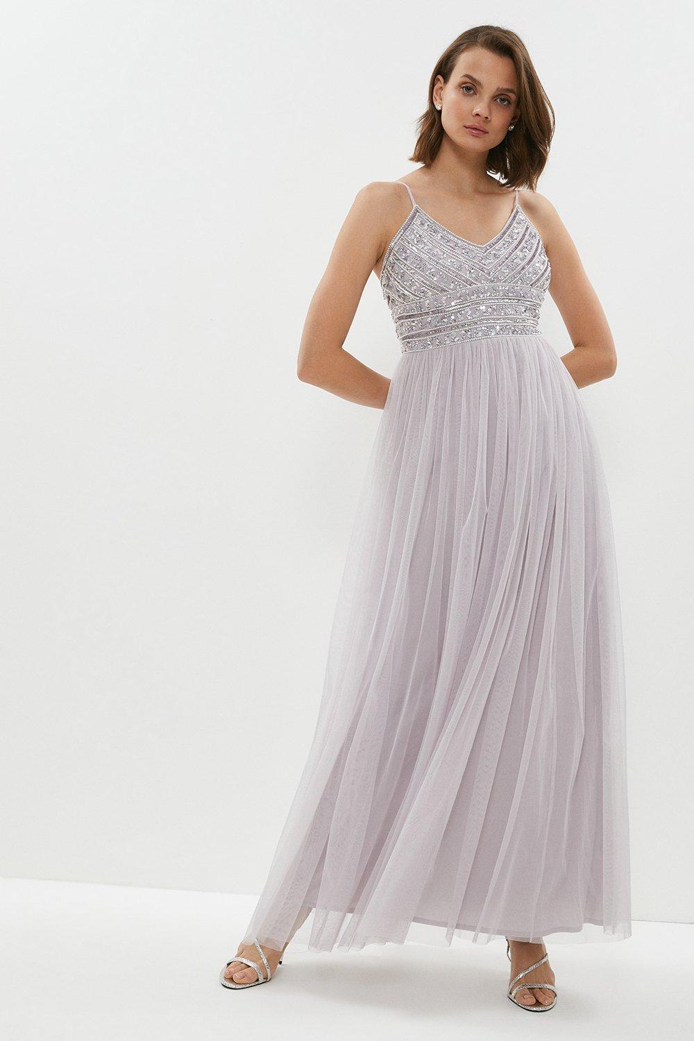 Linear Embellished Tulle Cami Maxi Dress - Lilac