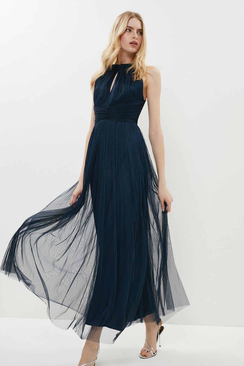 Panelled Ruched Halter Tulle Maxi Dress - Navy