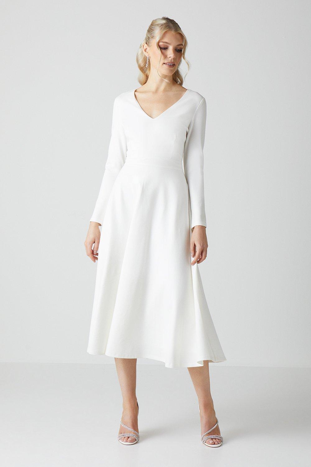 V Neck Full Skirt Midi Dress - Ivory
