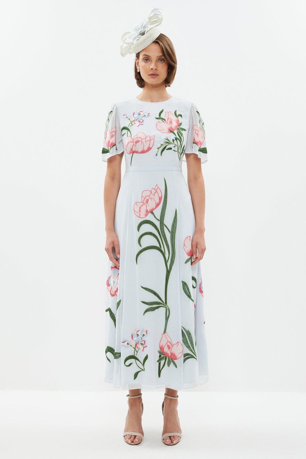 Trailing Floral Angel Sleeve Embroidered Maxi Dress - Light Blue