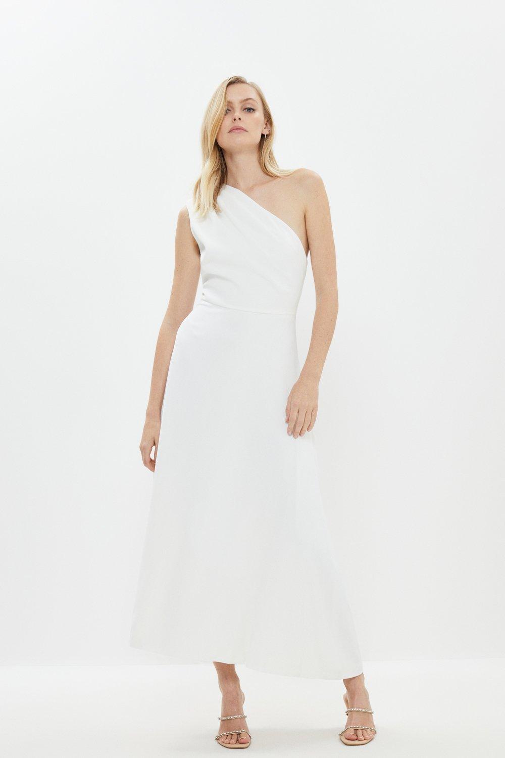 One Shoulder Drape Front Flowing Skirt Midi Dress - White