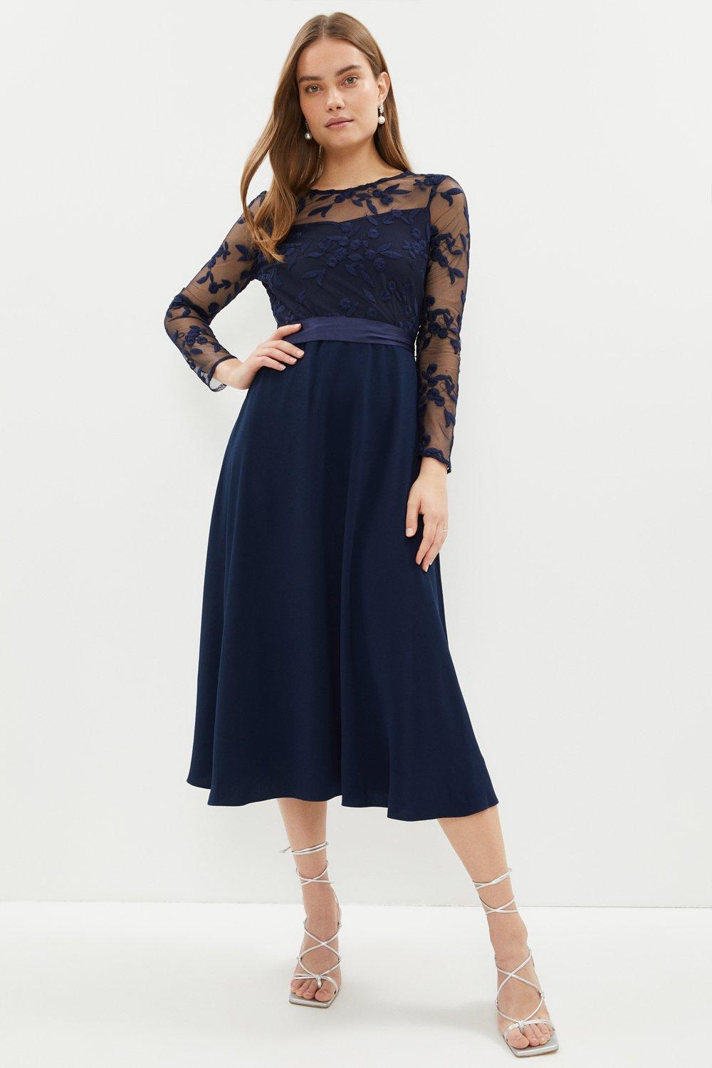 Embroidered Long Sleeve Crepe Circle Skirt Dress - Navy