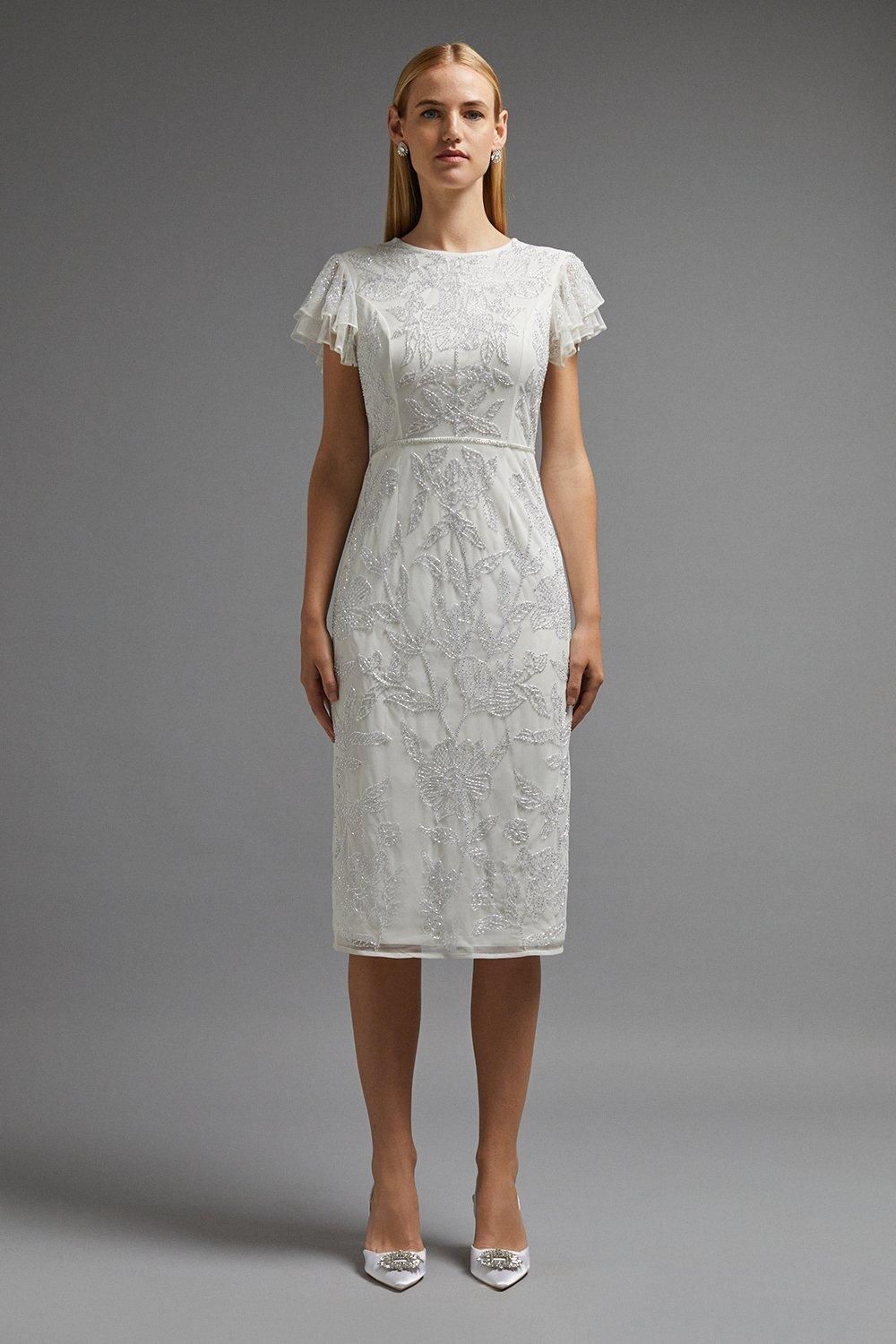 Premium Embellished Flutter Sleeve Midi Dress - Ivory