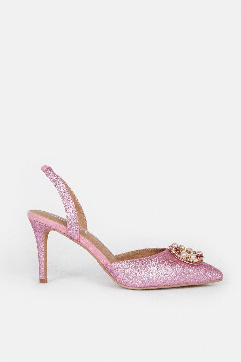 Glitter Mid Heel Sling Back Shoe - Pink