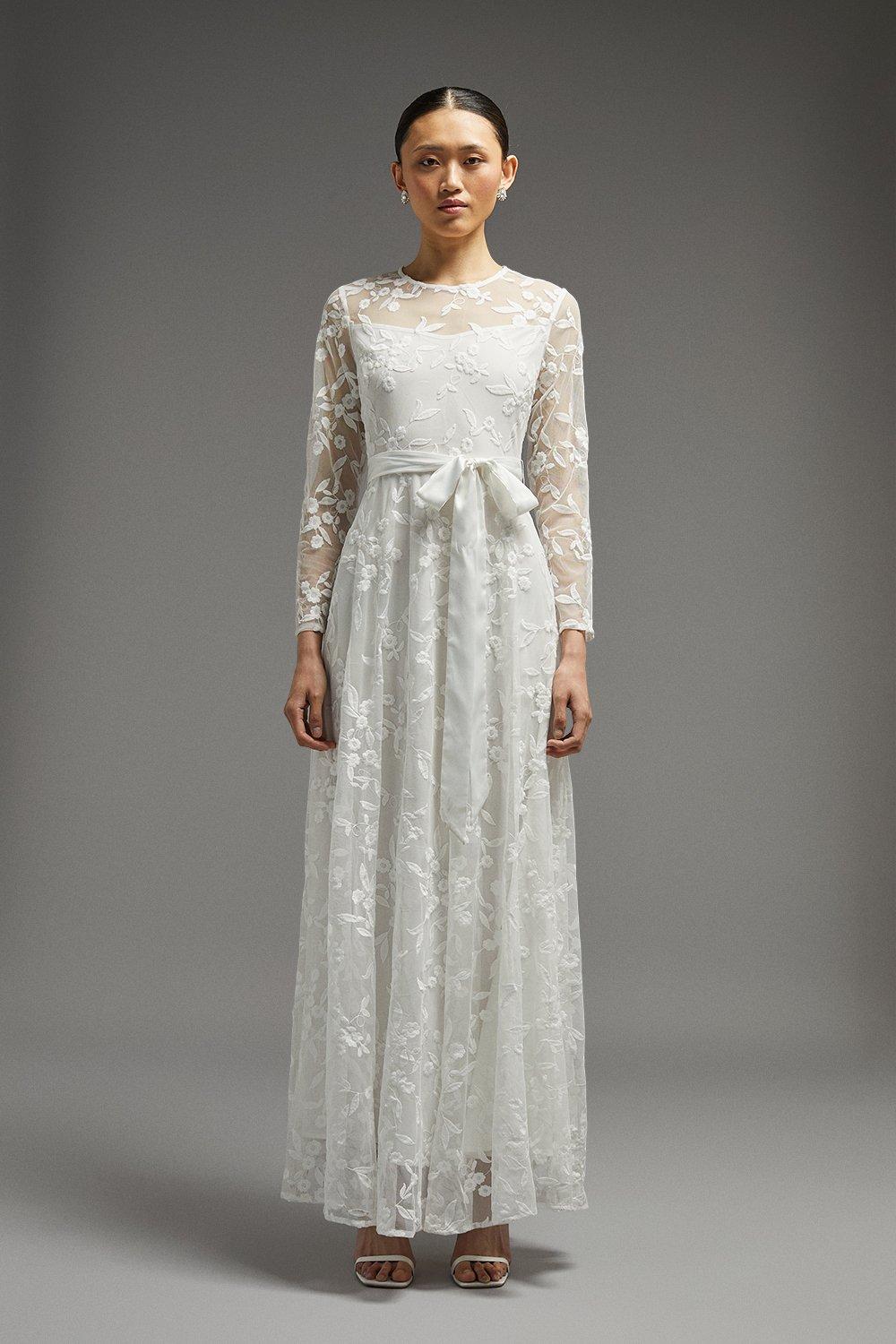 All Over Embroidered Long Sleeve Maxi Dress - Ivory