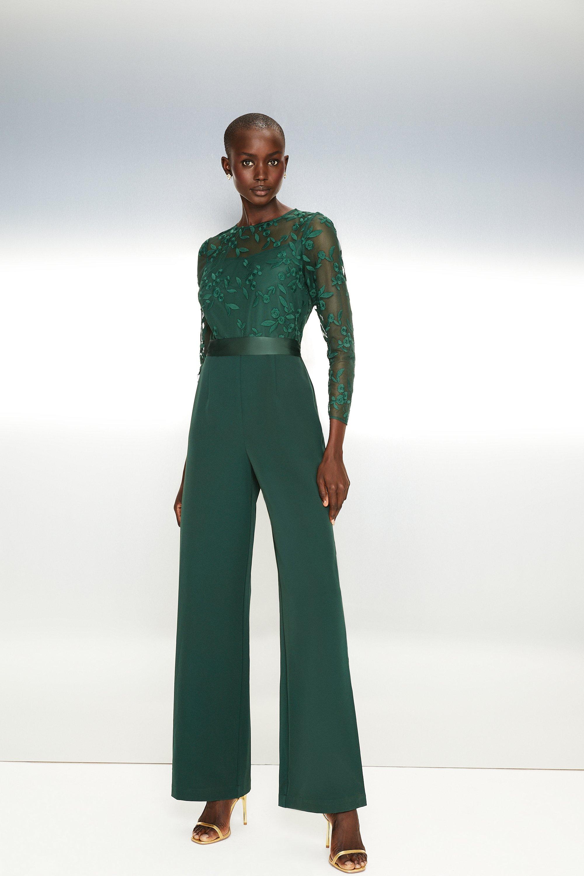 Embroidered Top Wide Leg Jumpsuit - Green
