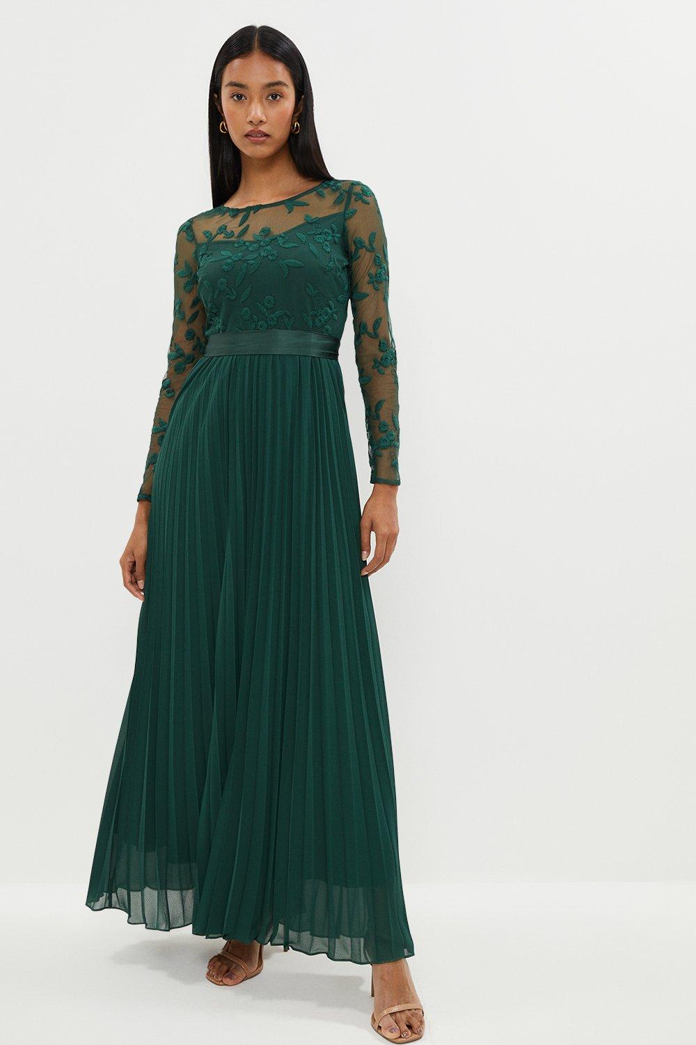 Petite Embroidered Long Sleeve Maxi Dress - Green