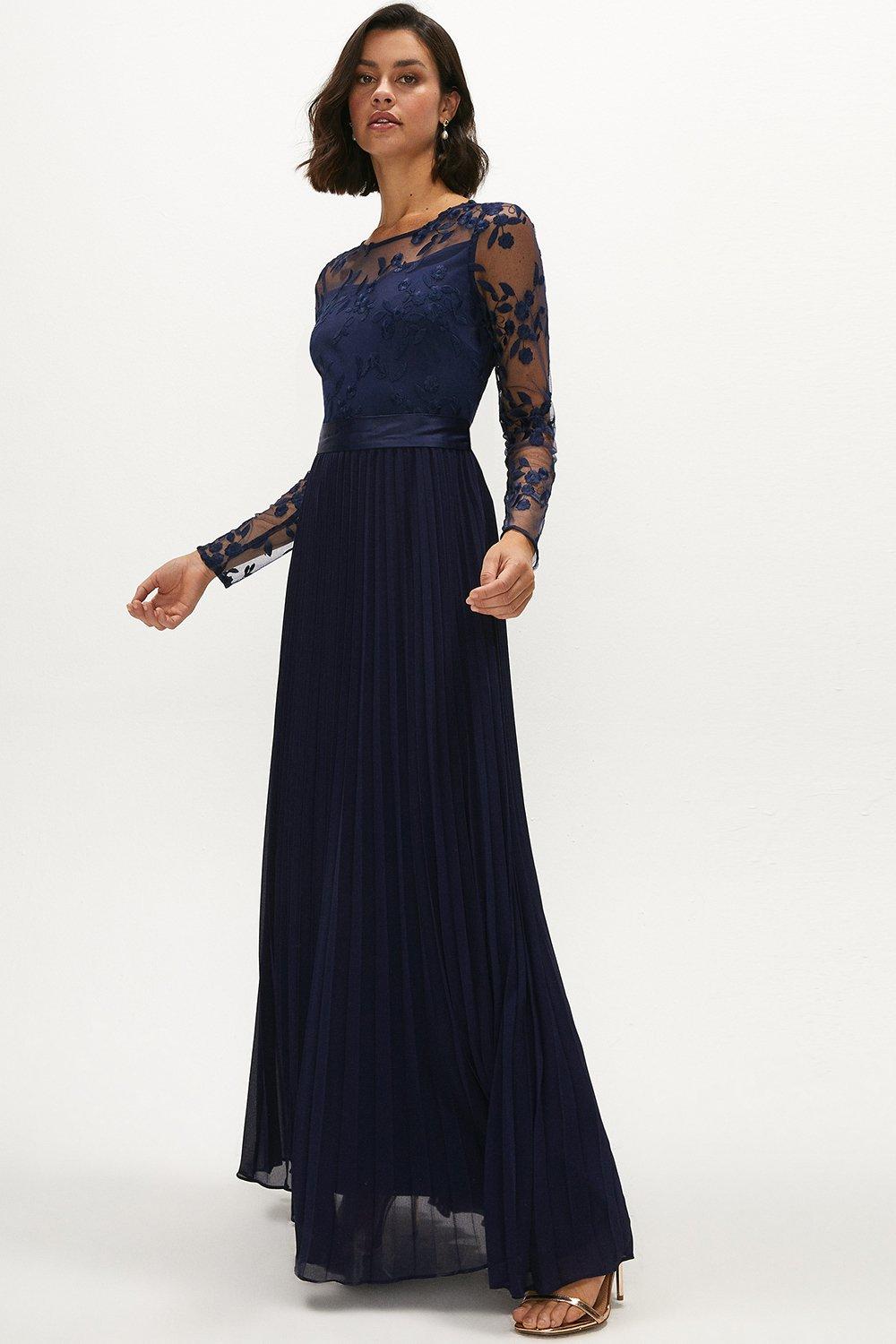 Petite Embroidered Long Sleeve Maxi Dress - Navy