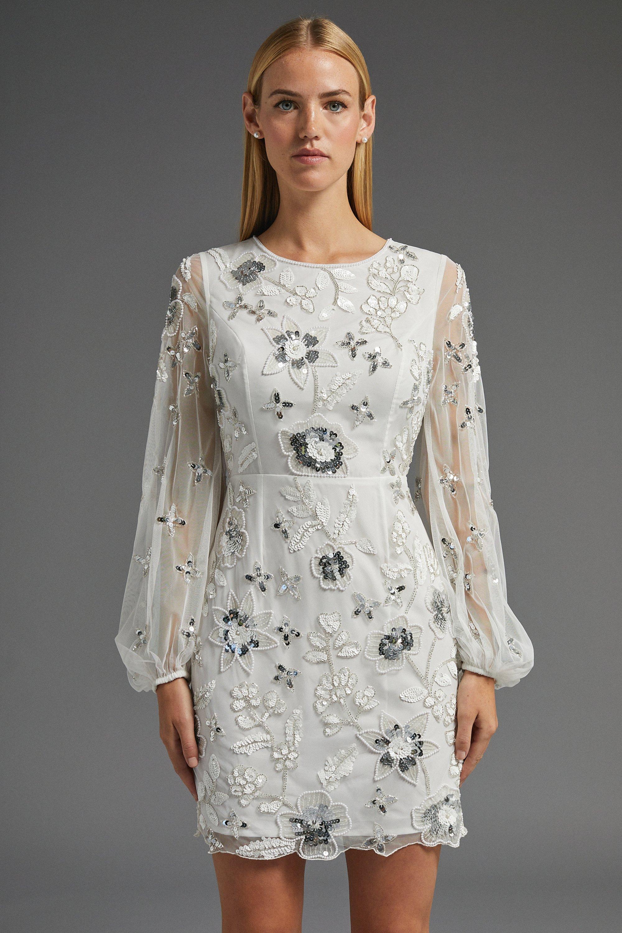 Premium Floral Embellished Mini Dress - Ivory
