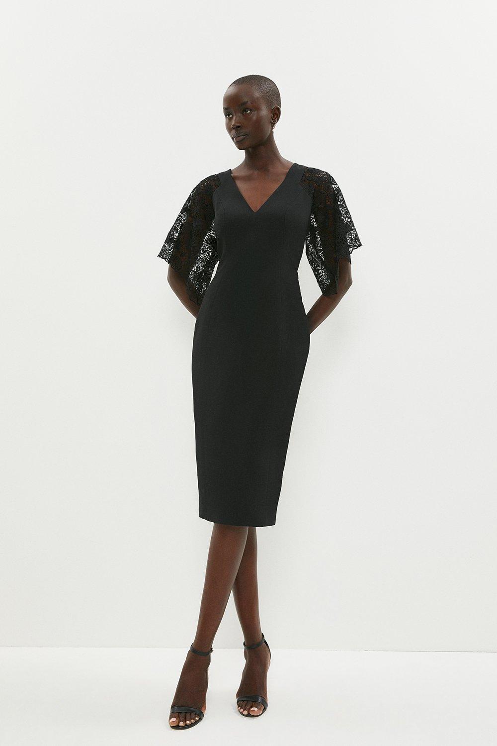 Lace Sleeve V Neck Pencil Dress - Black