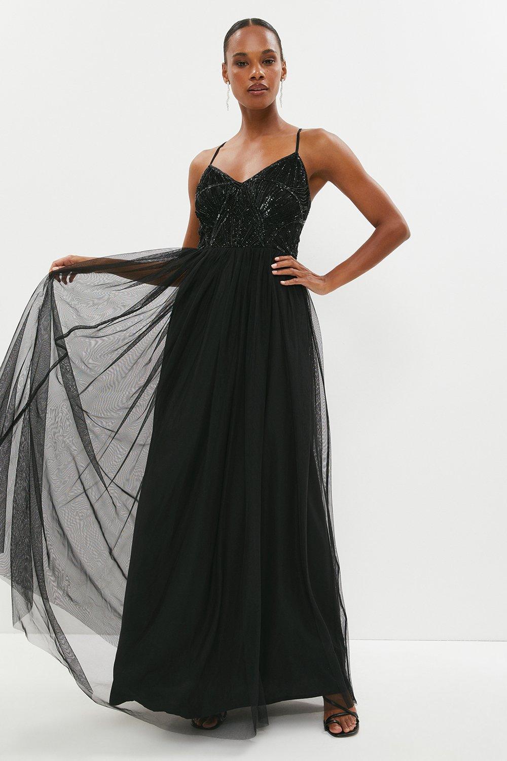 Embellished Bodice Cami Tulle Maxi Dress - Black