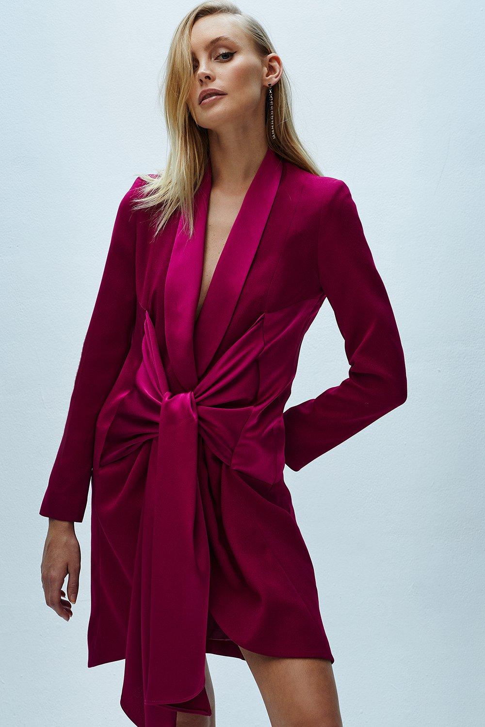 Premium Tie Front Blazer Dress - Pink