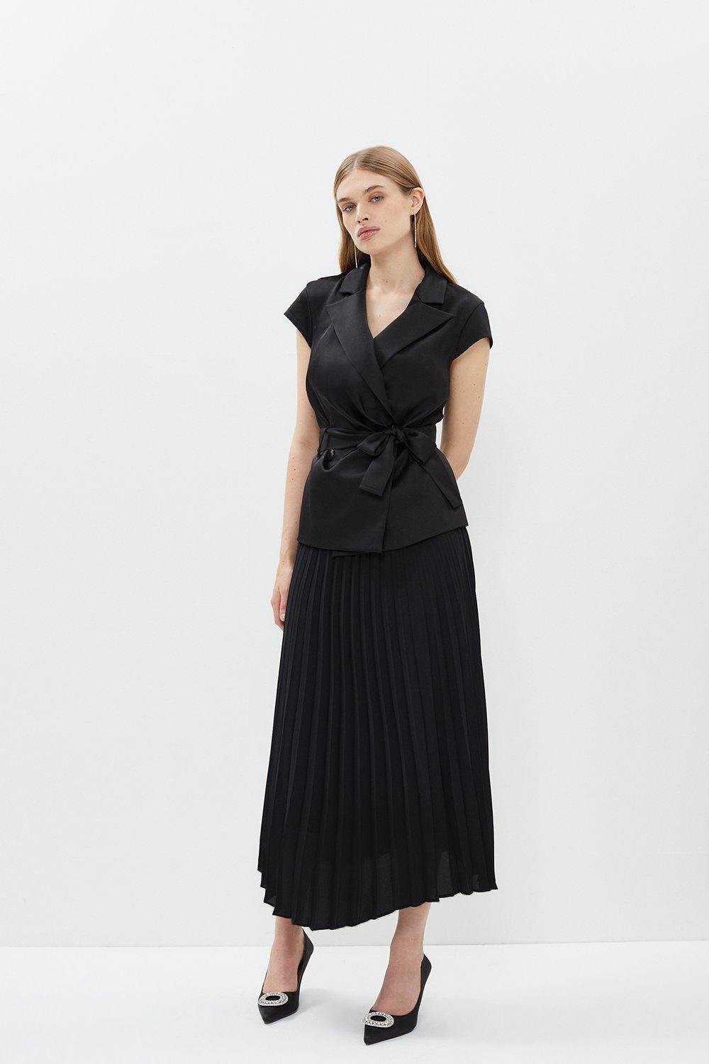 Premium Pleat Skirt Wrap Top Midi Dress - Black