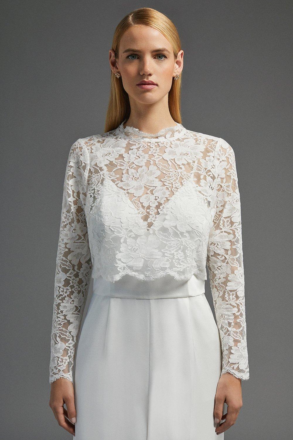 High Neck Longsleeve Lace Top - Ivory