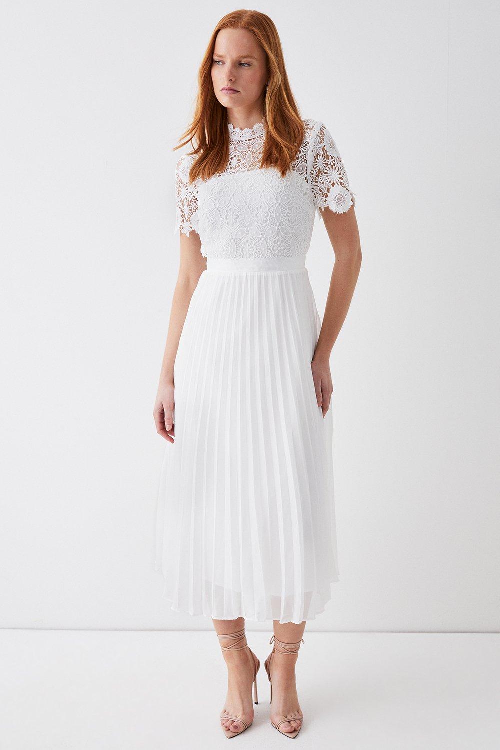 Corded Lace Top Pleated Full Skirt Midi Dress - Ivory