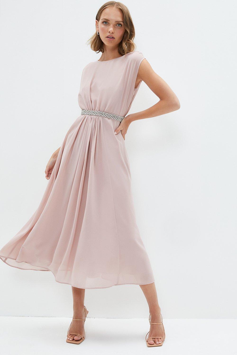 Petite Embellished Belt Midi Dress - Pink