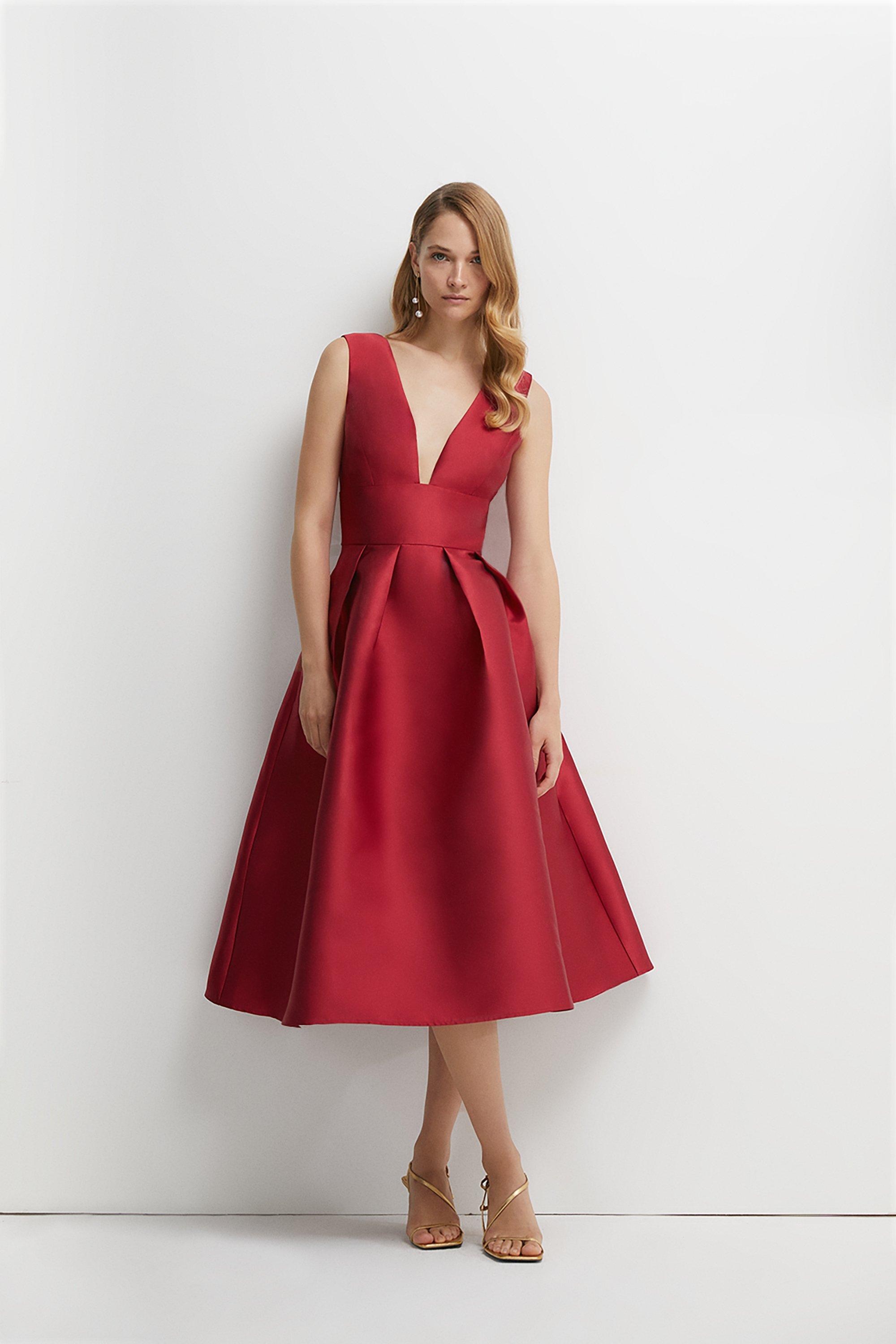 Structured Deep V Full Midi Dress - Red