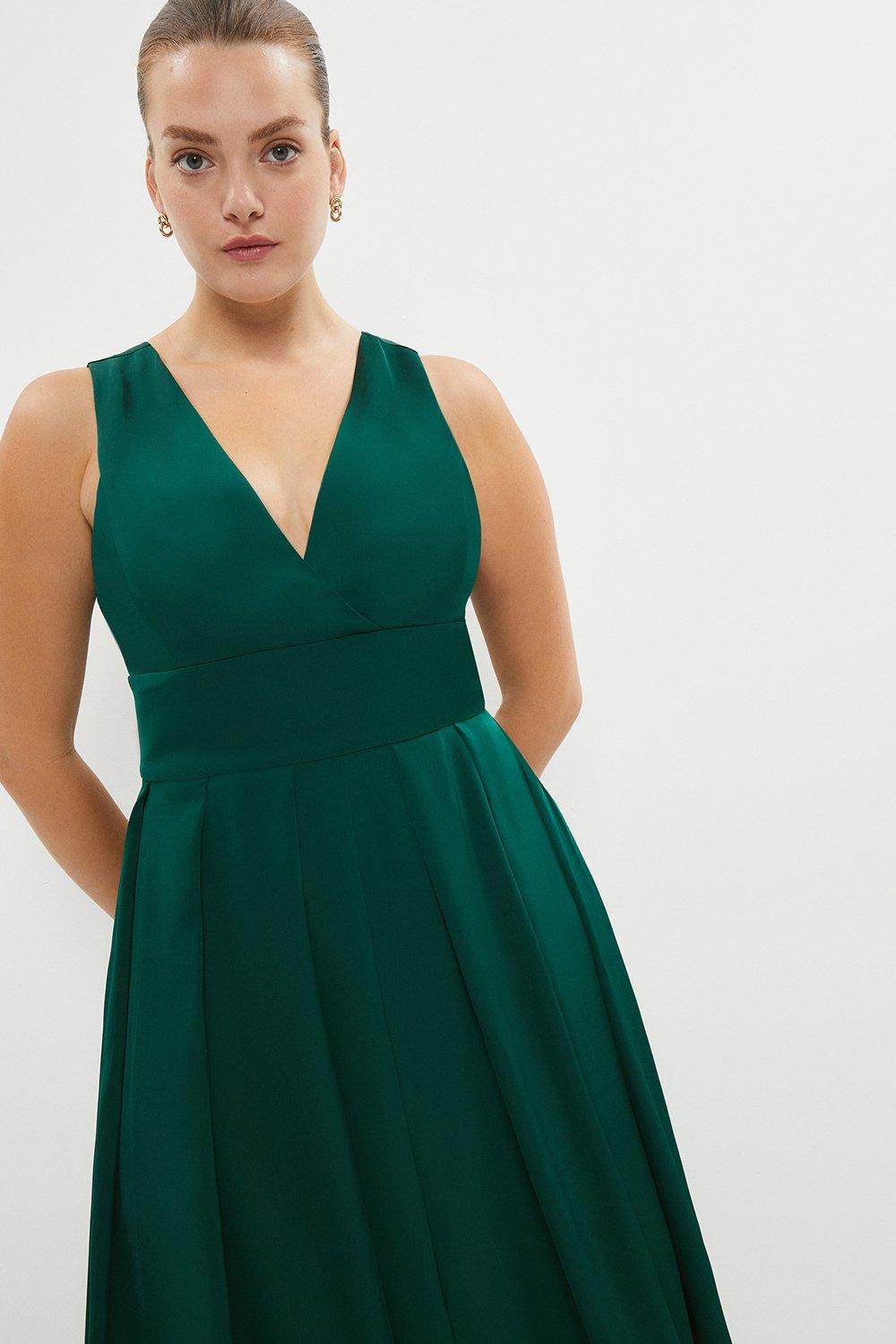 Plus Size Full Skirted Satin Maxi Dress - Green