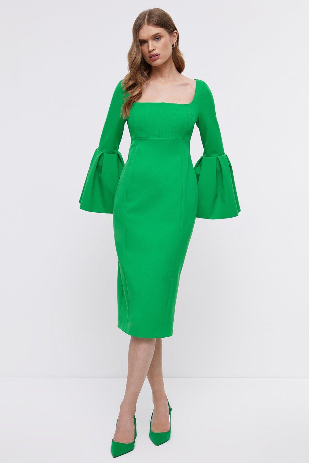 Premium Full Sleeve Corset Bodice Pencil Dress - Green