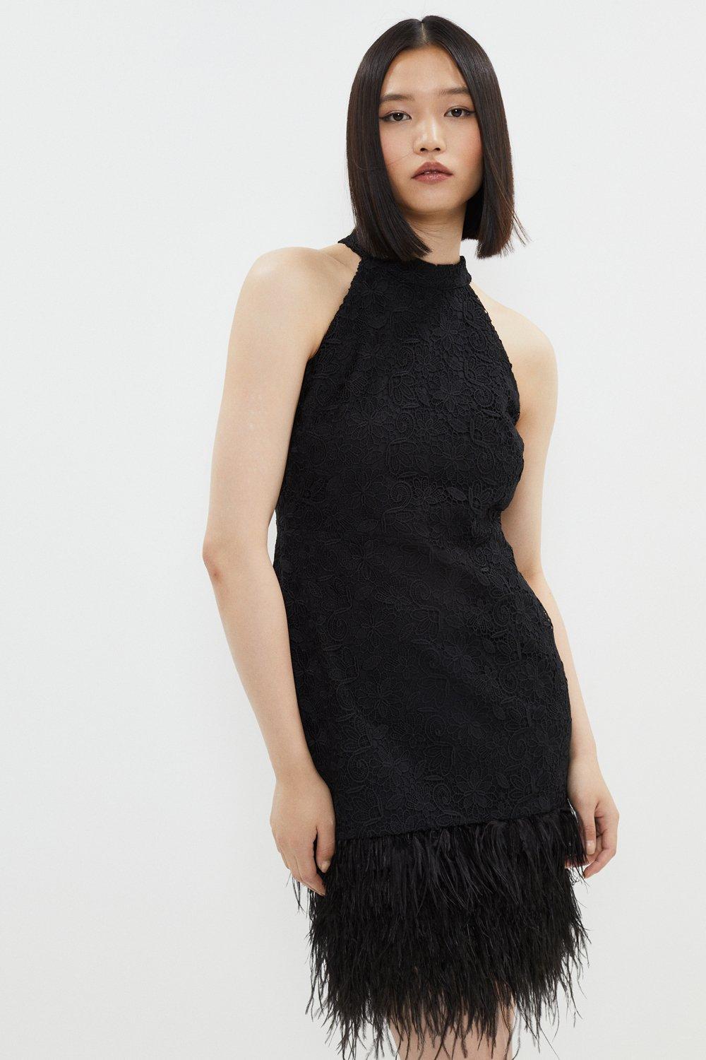 Premium Lace Feather Hem Halter Neck Mini Dress - Black