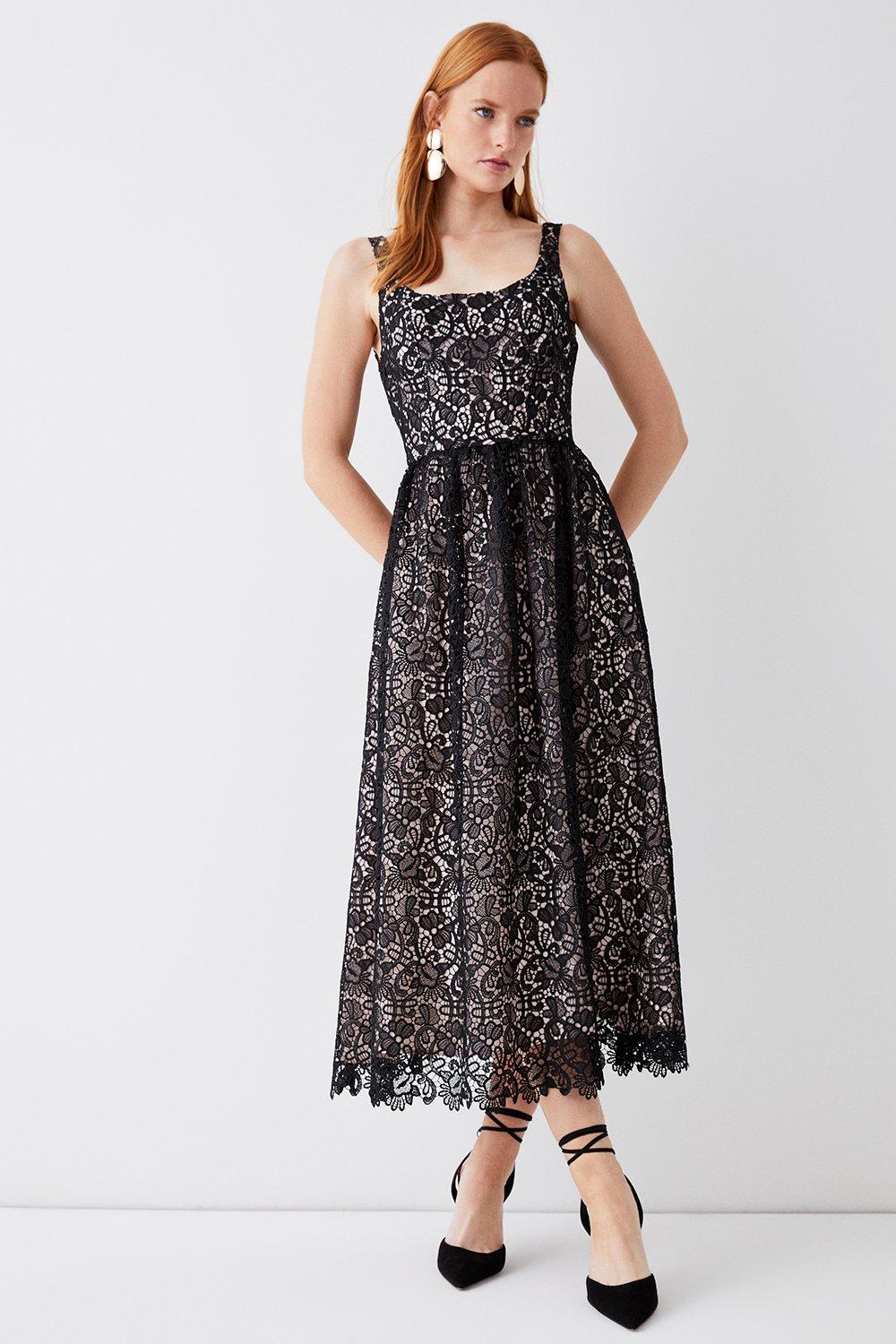 Lace Panelled Bodice Full Skirt Midi Dress - Black