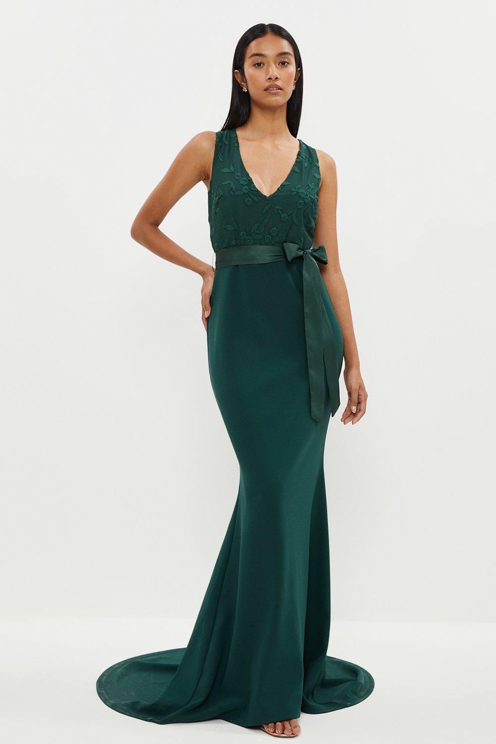 Embroidered Bodice Puddle Hem Maxi Dress - Green