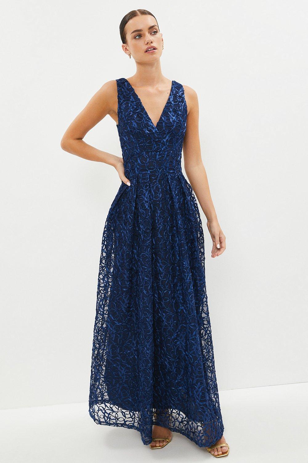 Petite Wrap Front Embroidered Maxi Dress - Navy