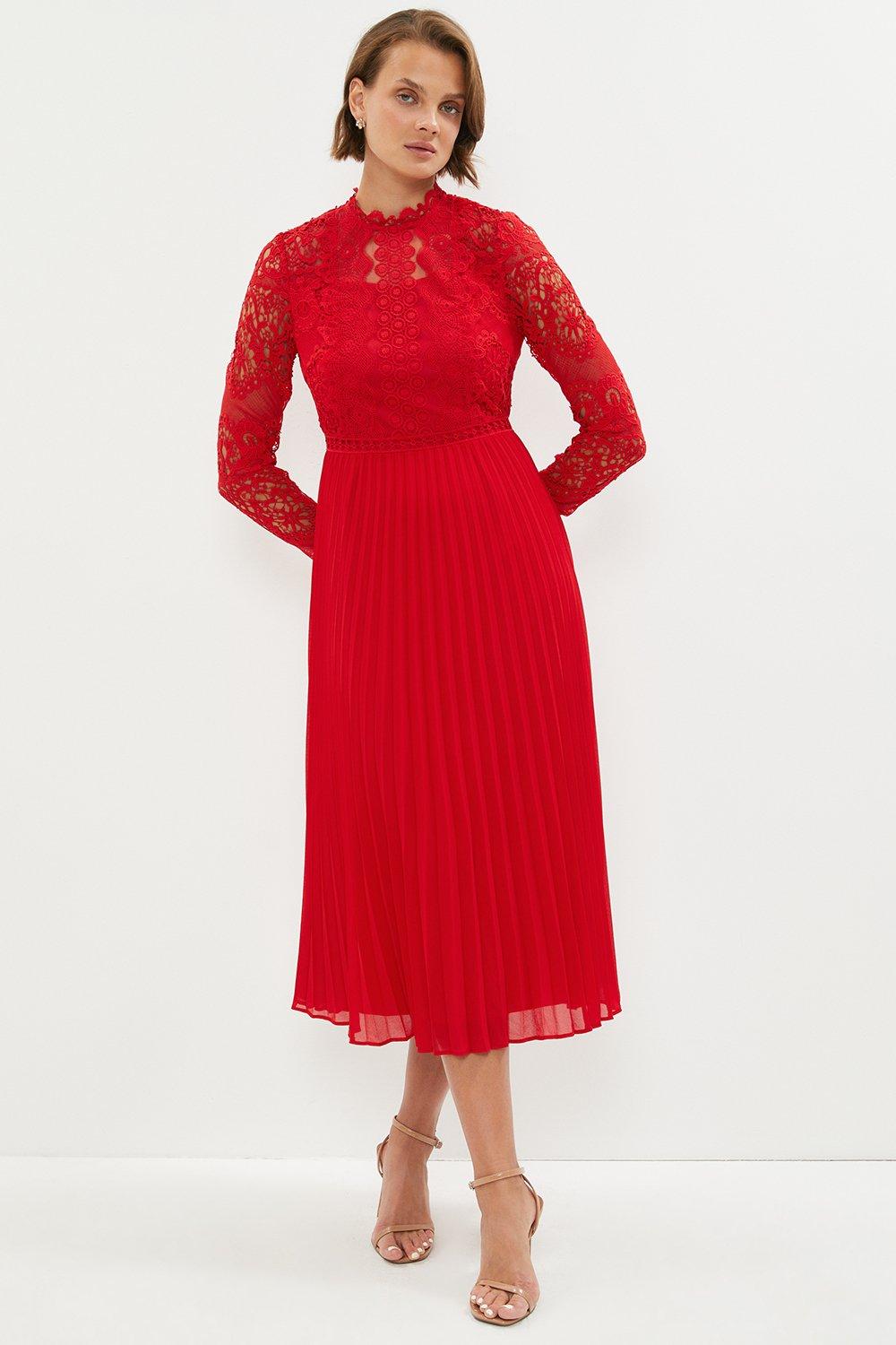 Long Sleeve Lace High Neck Pleated Midi Dress - Red