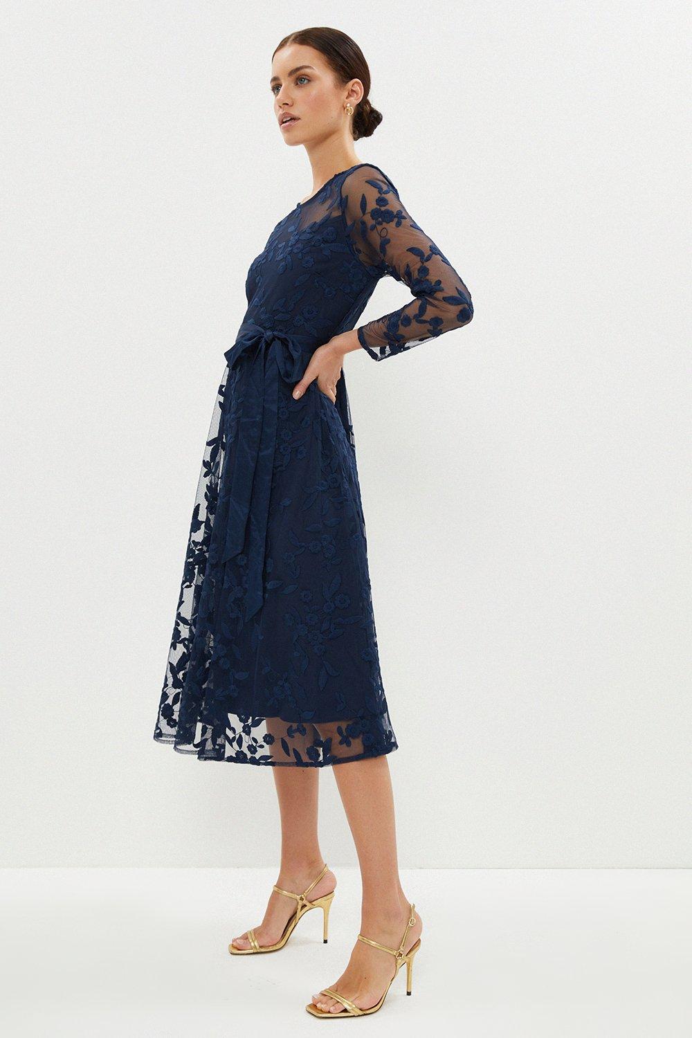 All Over Embroidered Long Sleeve Midi Dress - Navy