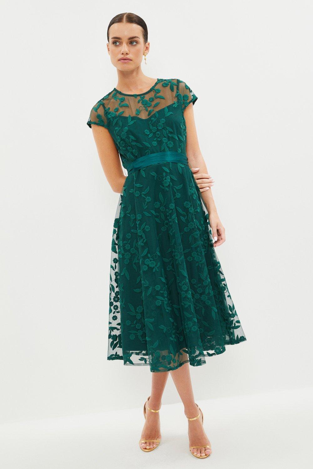 Petite All Over Embroidered Midi Dress - Green