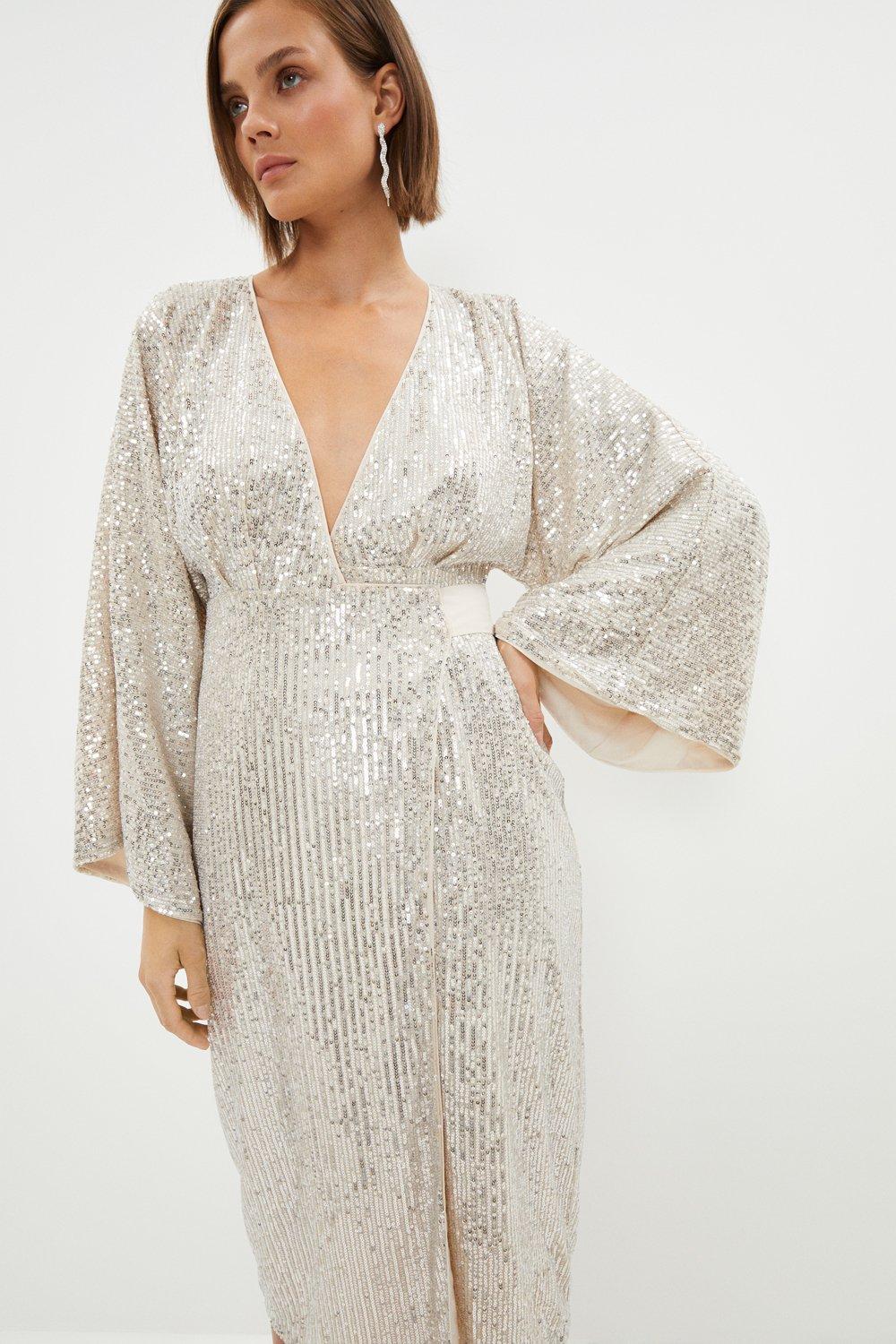 Sequin Kimono Sleeve Wrap Dress - Champagne