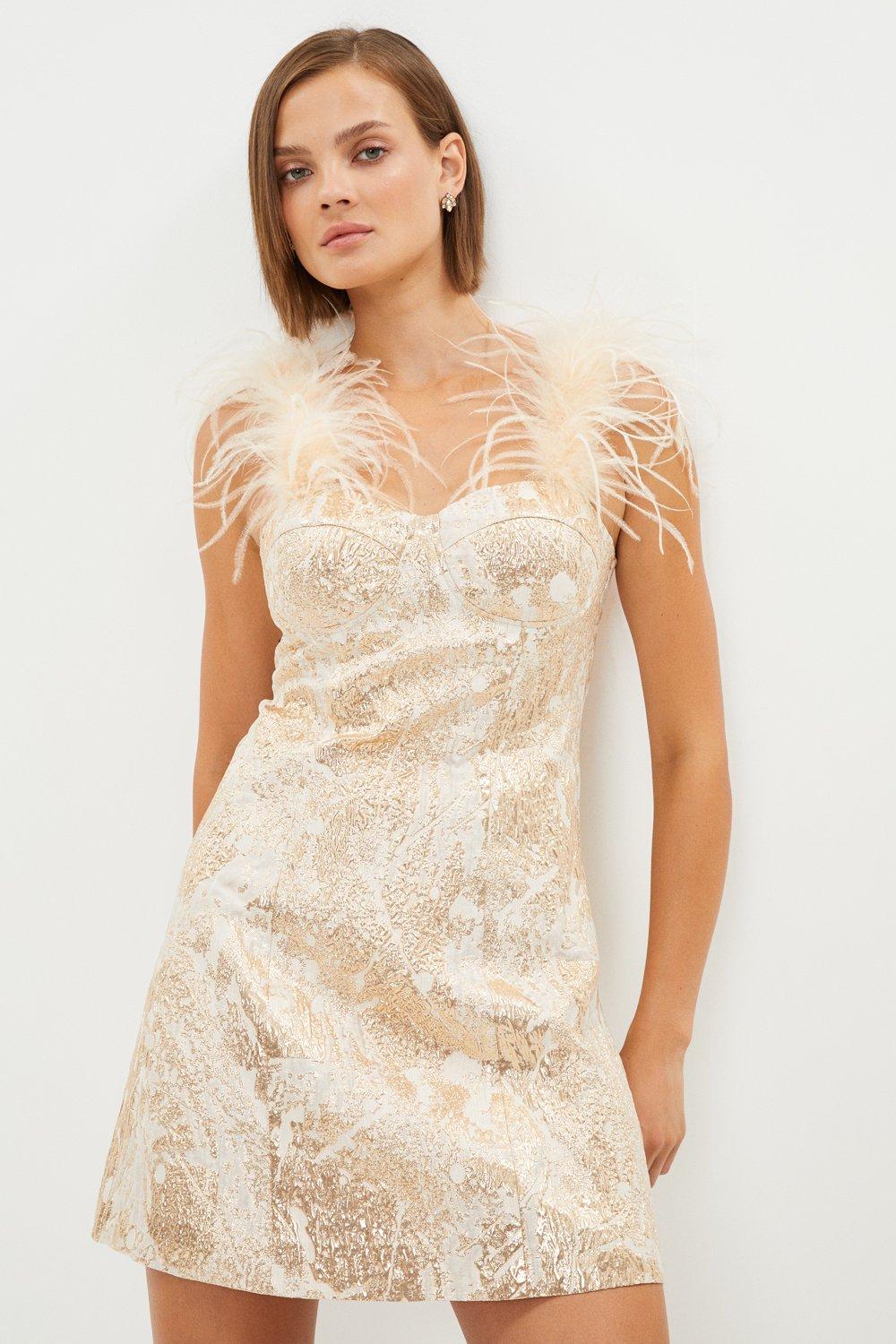 Mini Jacquard Dress With Feathers - Gold