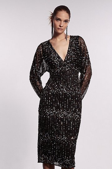 Superbe Femme Taille 14 "boohoo" Boutique Noir Brillant Sequin Maxi Dress New 