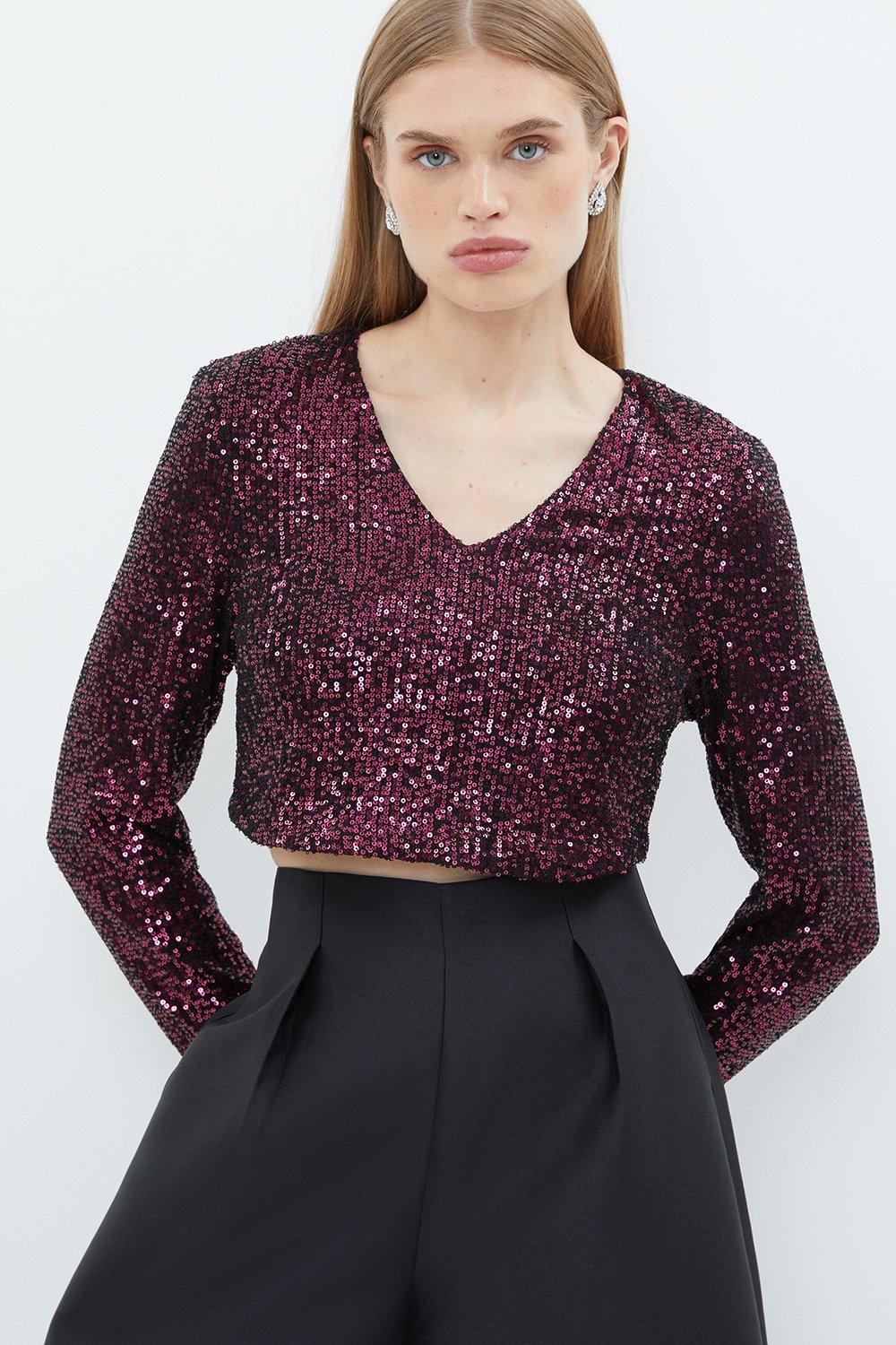 Sequin V Neck Long Sleeve Top - Red