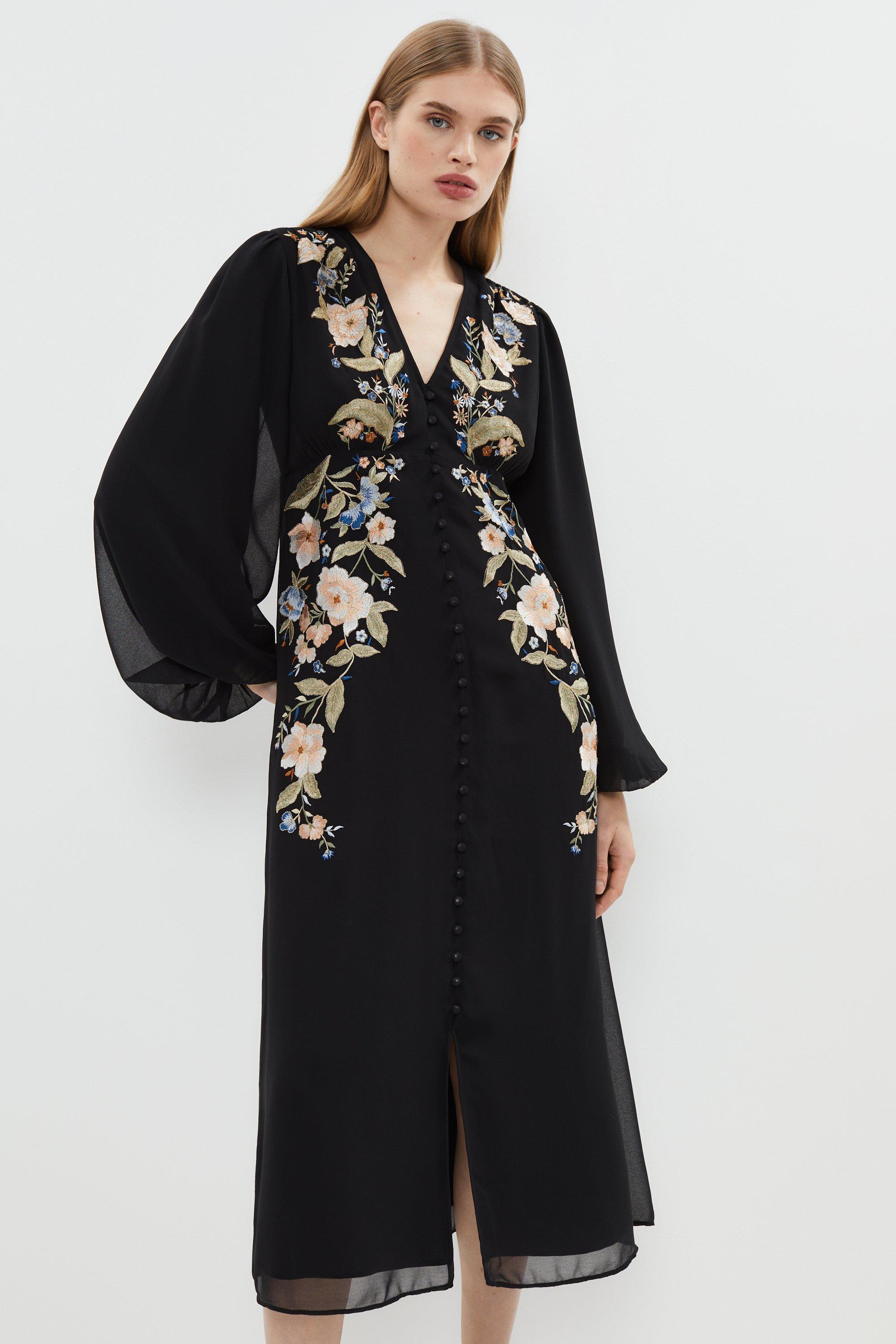 Mirrored Orchid Button Through Midi Dress - Black