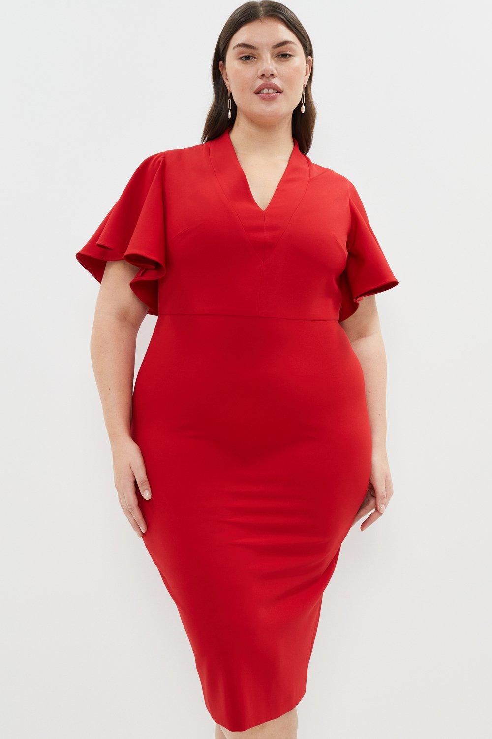 Plus Size V Neck Flare Sleeve Dress - Red