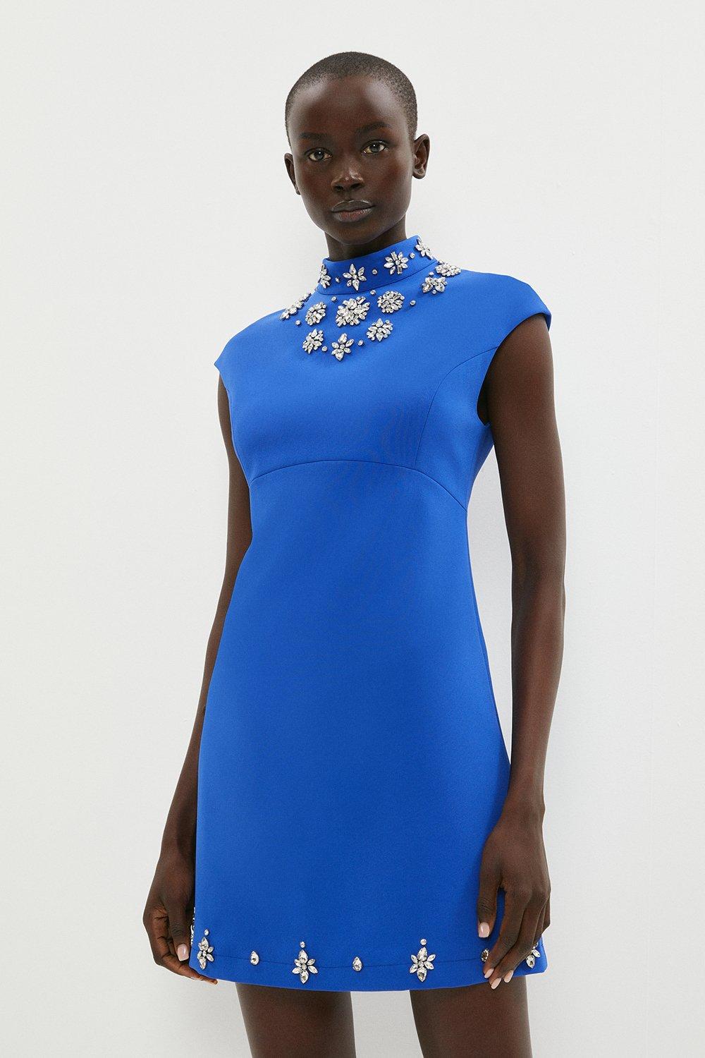 Mini Dress With Jewel Trim Neck - Blue
