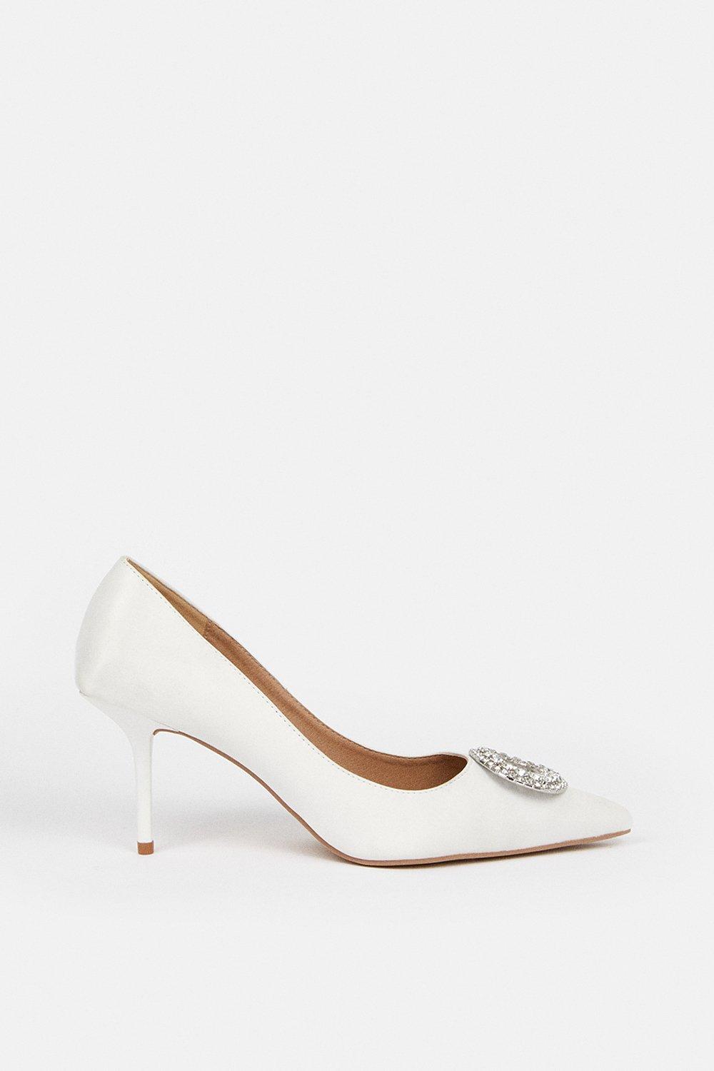 Diamante Brooch Detail Stiletto Court Shoes - Ivory
