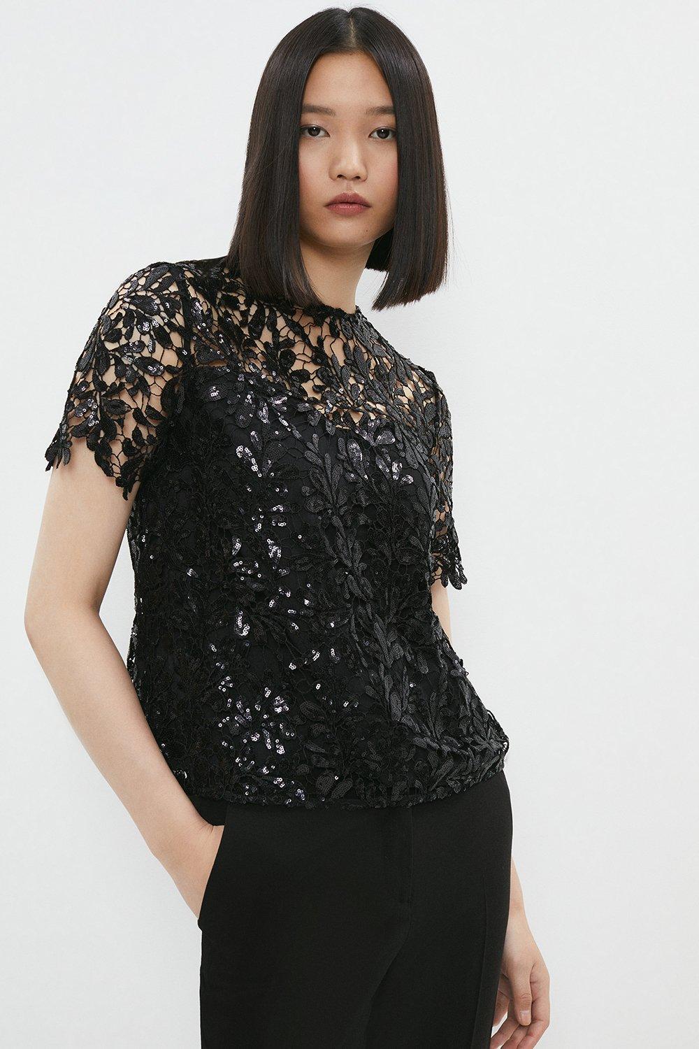 Sequin Lace T Shirt - Black