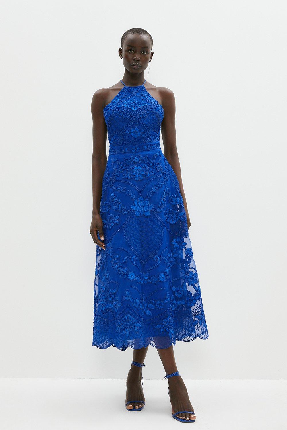 Halterneck Midi Dress In Cutwork Lace - Blue