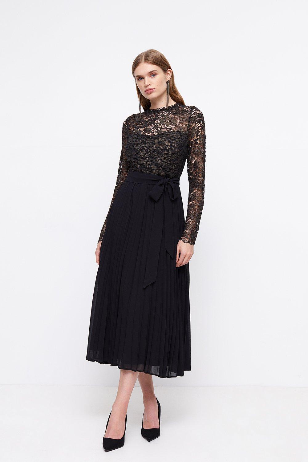 Metallic Long Sleeve Lace Bodice Pleat Skirt - Black