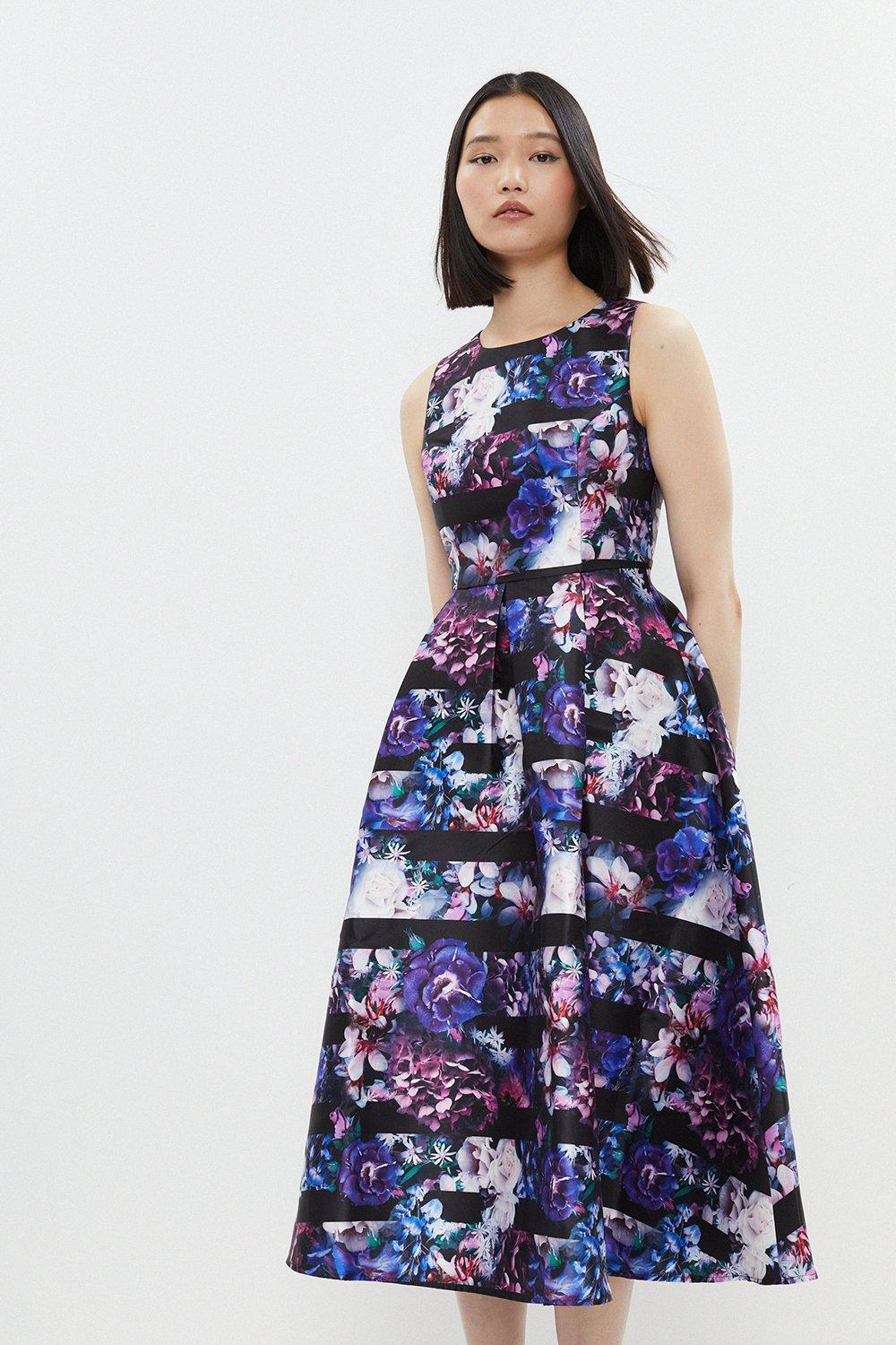 Stripe Floral Print Full Skirt Midi Dress
