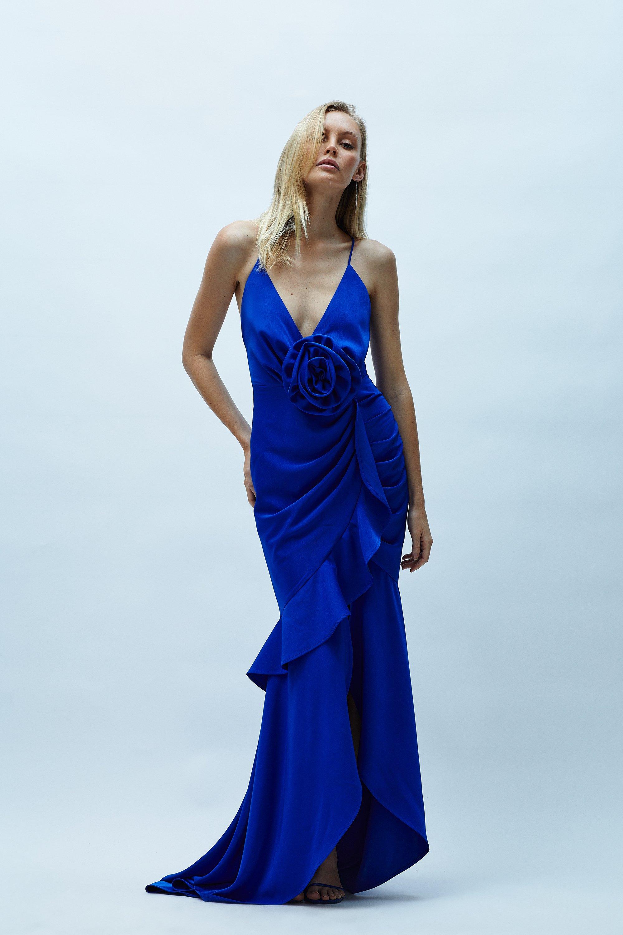 Rose Detail Satin Maxi Dress With Train - Blue