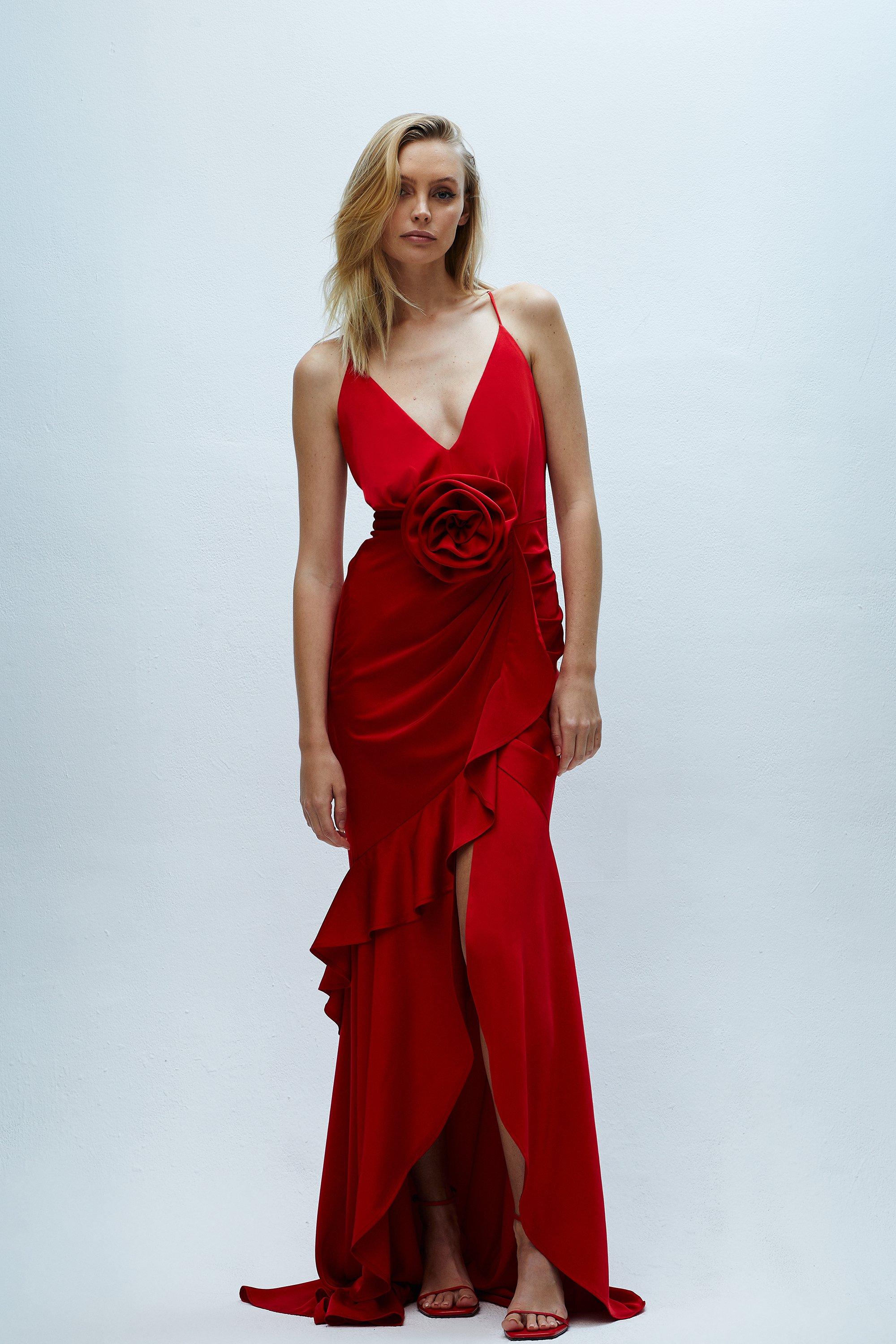 Rose Detail Satin Maxi Dress With Train - Red