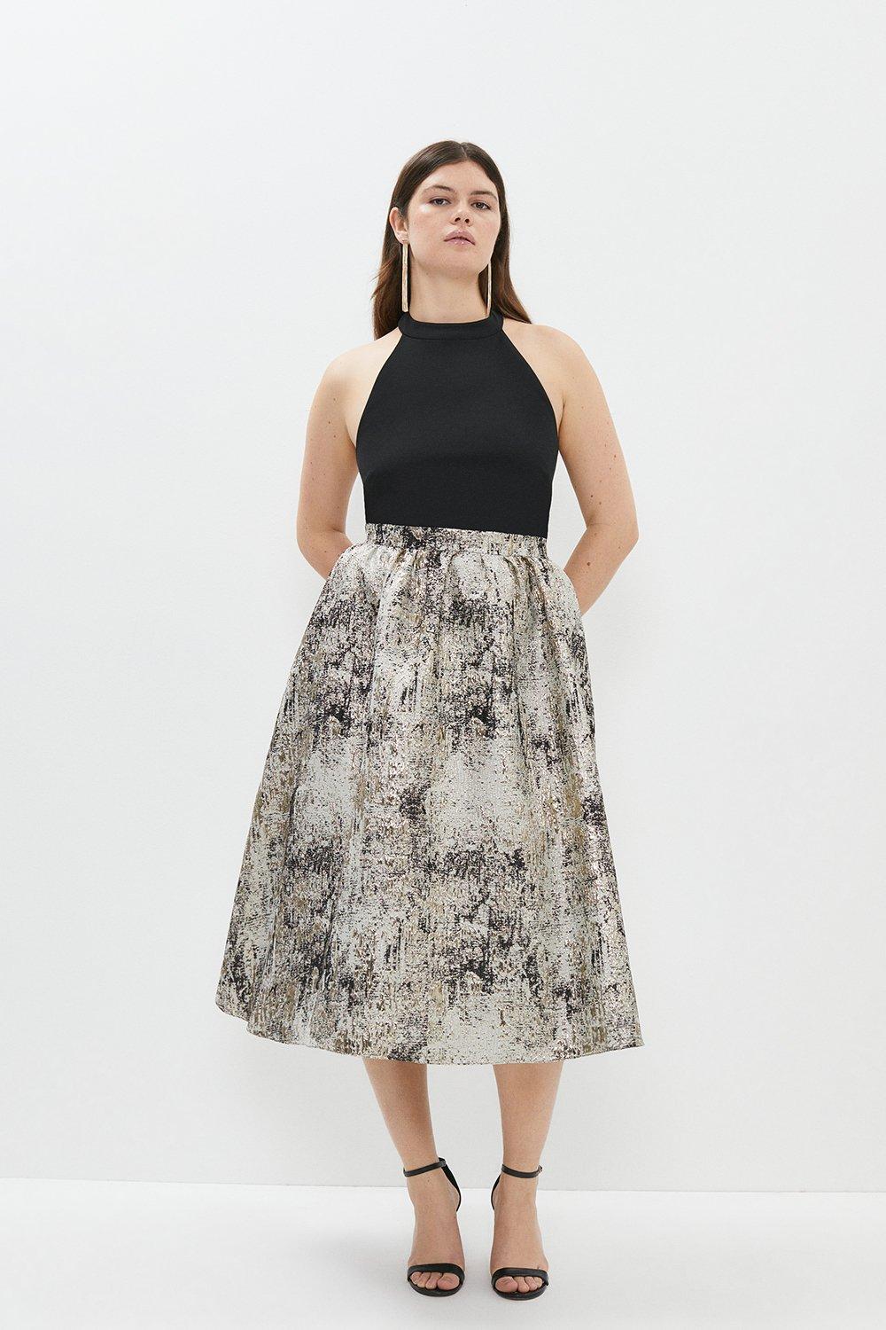 Plus Size Premium Jacquard Skirt Halter Top Midi Dress - Gold