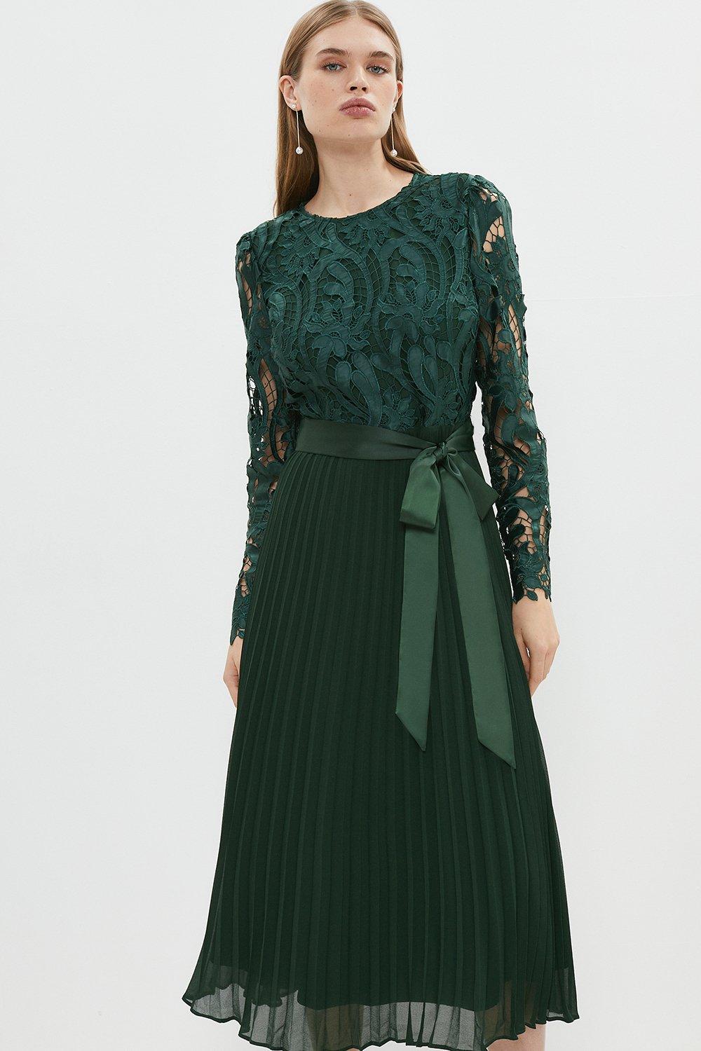Long Sleeve Lace Bodice Pleat Skirt Midi Dress - Green