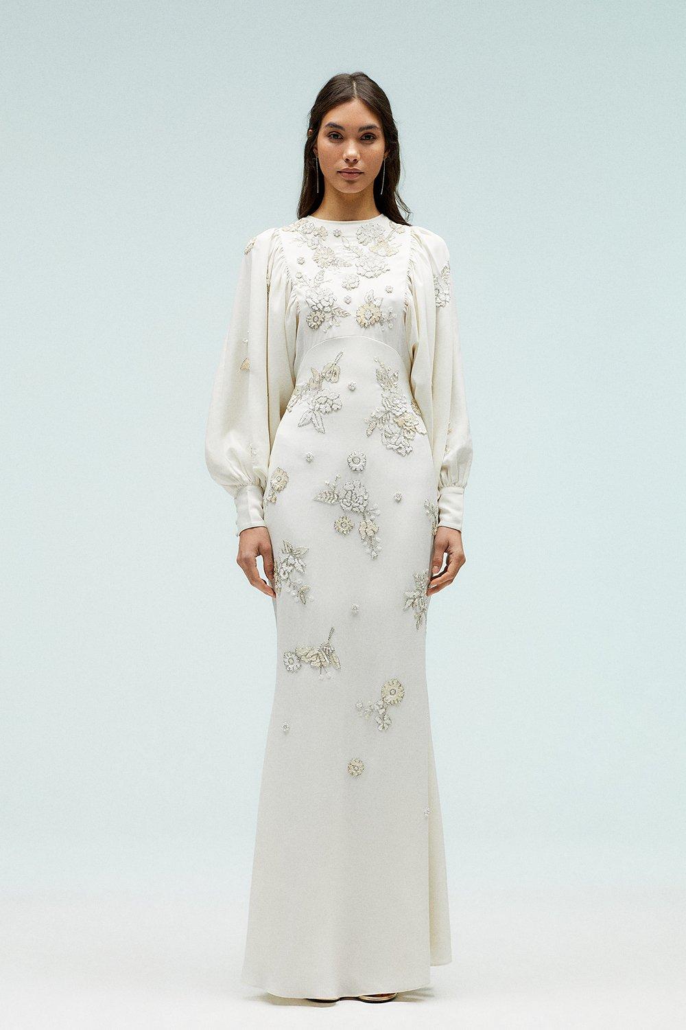 Premium Beadwork Drop Sleeve Fishtail Dress - Ivory